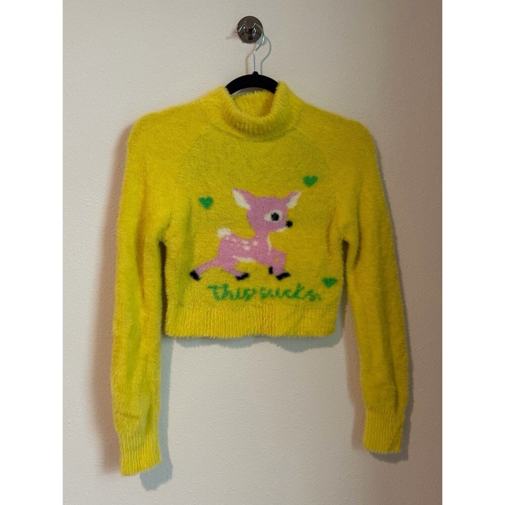 Urban Outfitters “This Sucks” Baby Deer Multicolor Crewneck Sweater Size Small